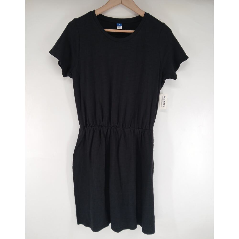 Old Navy Cotton Elastic Waist T-Shirt Mini Dress Medium Black Slub Cotton - Picture 2 of 5